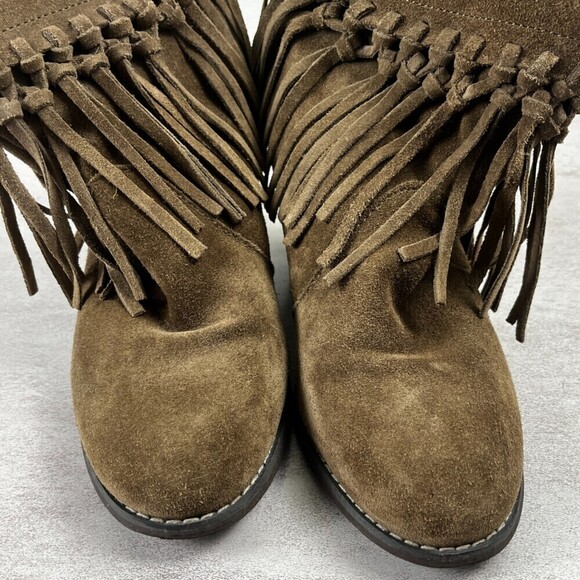 Sbicca Size 7.5 Khaki Sound Suede Leather Fringe Bootie Western Rodeo Heel Boots - Picture 5 of 12